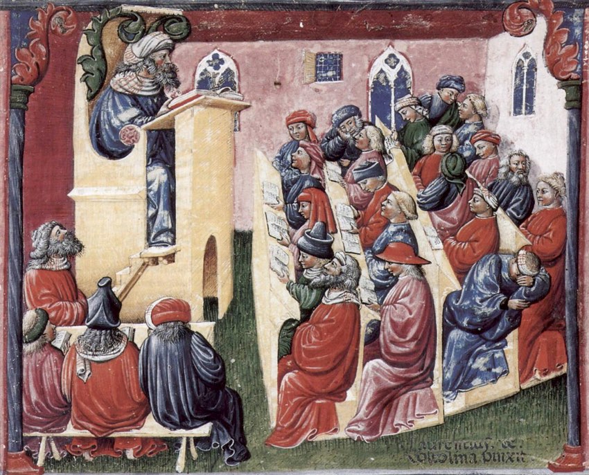 An illuminated manuscript scene of a professor lecturing from a raised pulpit to rows of seated students, some reading, several talking to each other, and one asleep.