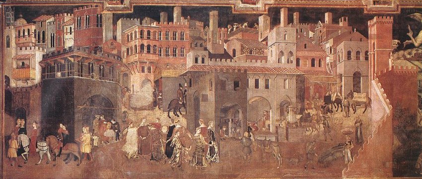 A wide fresco of a walled Italian city with towers, arcaded shops, a man on horseback, dancers in the street, and merchants at open stalls.