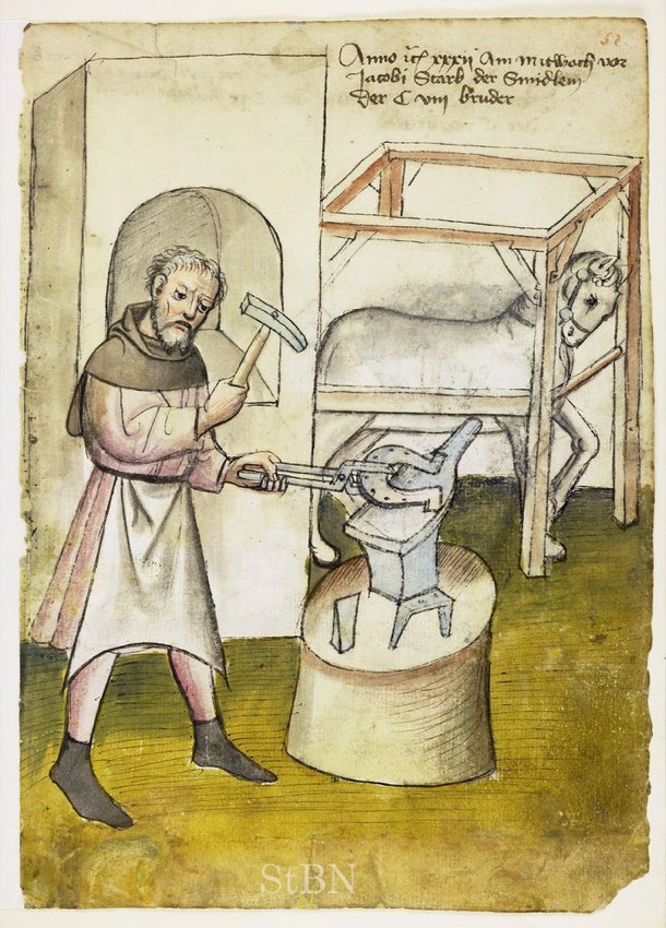 A medieval smith in an apron swings a hammer at an anvil, with a horse standing in a farrier's frame behind him.